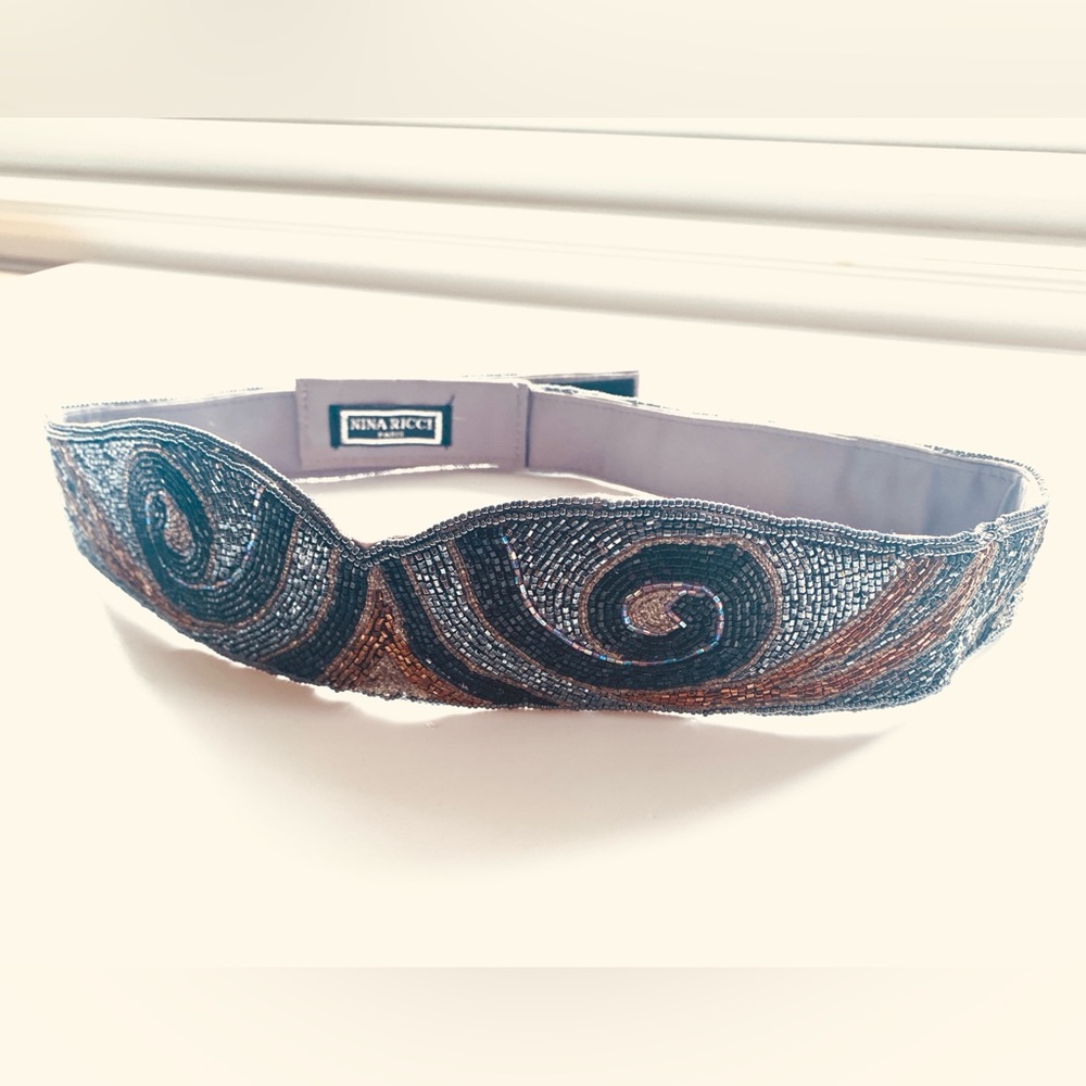 Nina Ricci Hand Beaded Belt Vintage 80s Silver Black Bronze